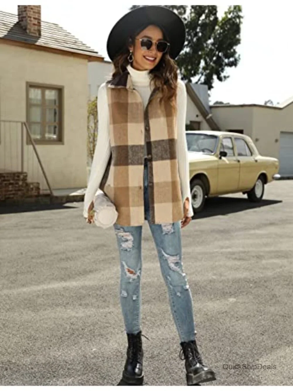 Womens Plaid Vest Sleeveless Brushed Cotton Flannel Shacket Jacket with Pockets